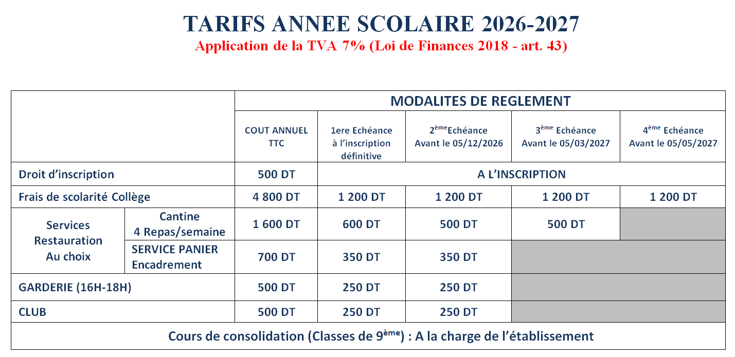 Tarifs année scolaire 2026-2027